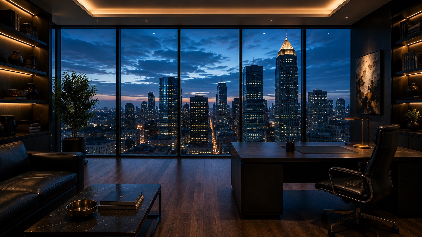GonzVision office overlooking the city skyline at dusk